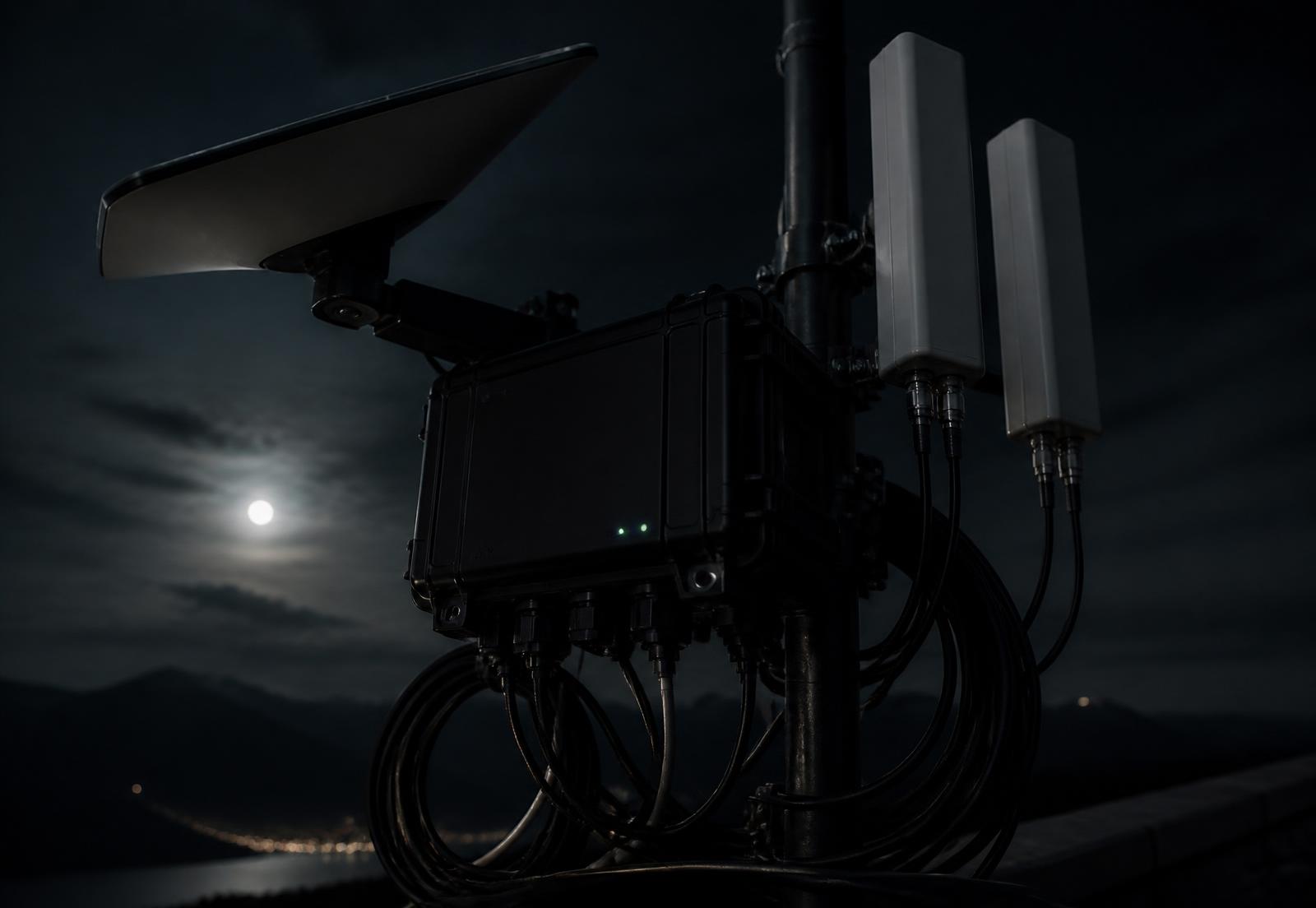 Satellite dish and 5G antennas mounted on a mast with weatherproof network case