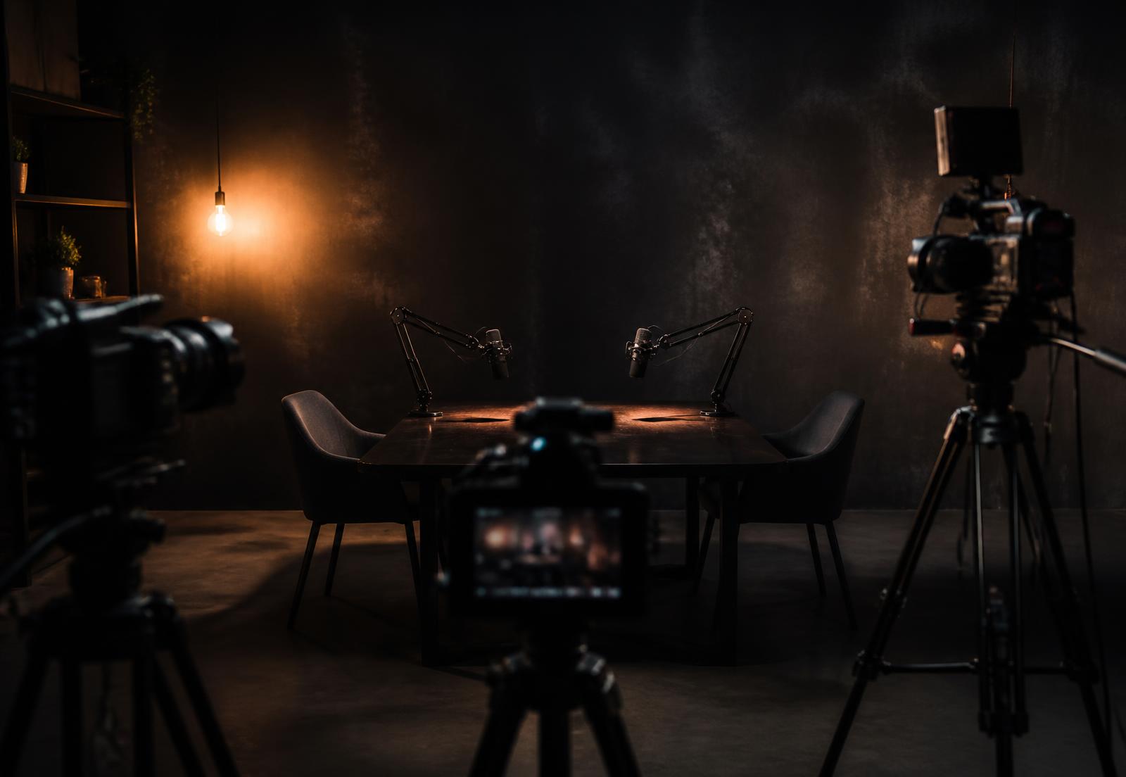 Multicamera podcast set with broadcast microphones and cinema cameras